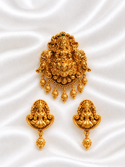 Antique Gold Lakshmi Pendant and Earring Set | Traditional Temple Jewelry