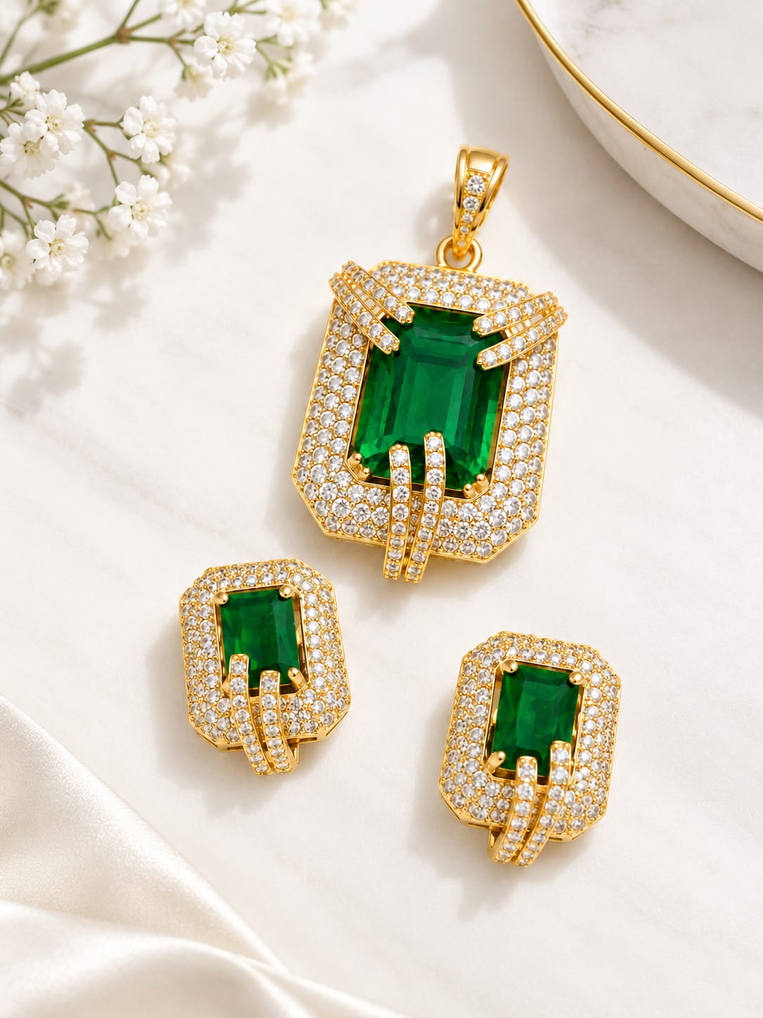 Radiant Emerald-Cut Green Stone & Cubic Zirconia Gold-Plated Pendant and Earrings Set