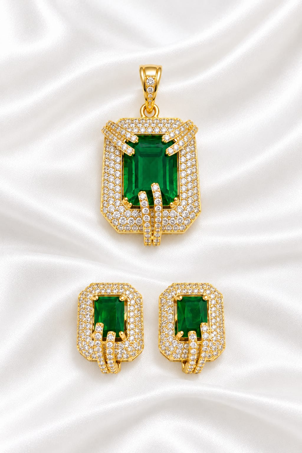 Radiant Emerald-Cut Green Stone & Cubic Zirconia Gold-Plated Pendant and Earrings Set