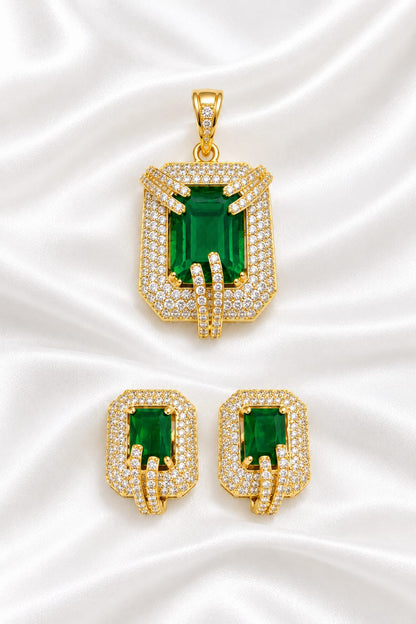 Radiant Emerald-Cut Green Stone & Cubic Zirconia Gold-Plated Pendant and Earrings Set