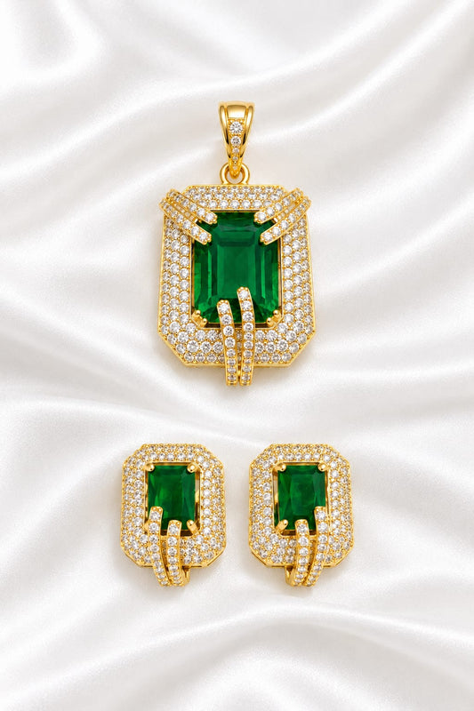 Radiant Emerald-Cut Green Stone & Cubic Zirconia Gold-Plated Pendant and Earrings Set