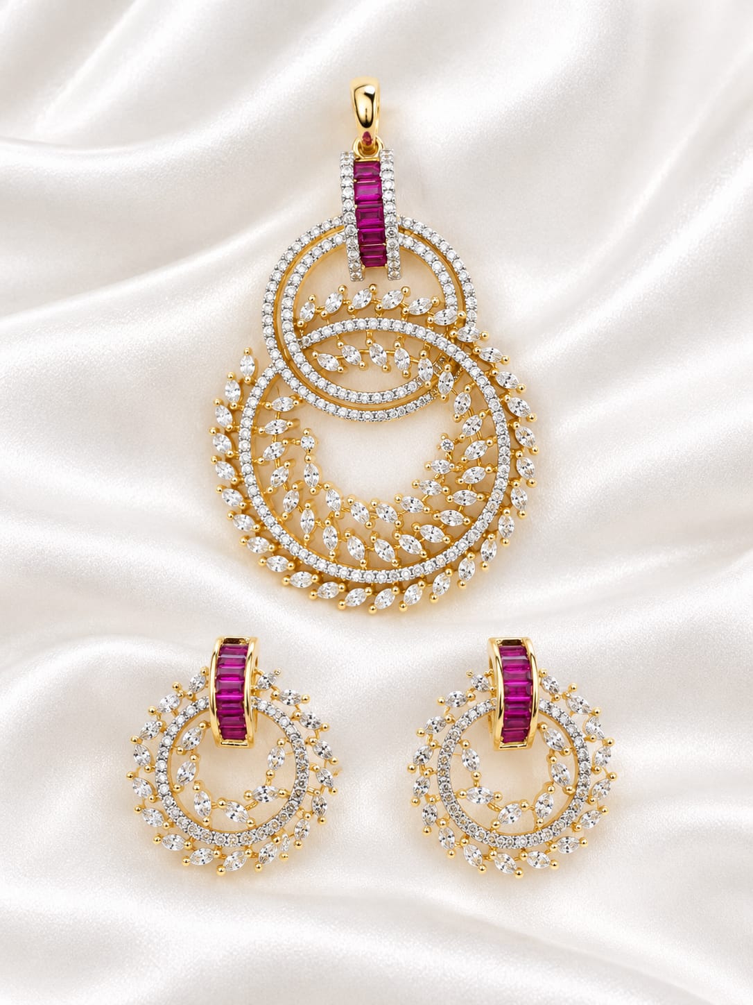 Elegant Ruby Red Baguette & CZ Diamond Circular Floral Pendant with Matching Earrings Set