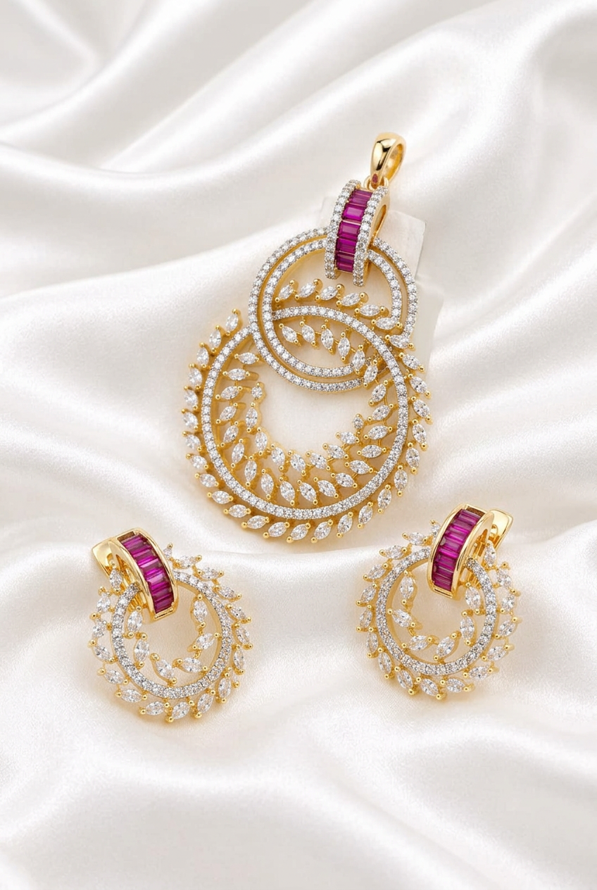 Elegant Ruby Red Baguette & CZ Diamond Circular Floral Pendant with Matching Earrings Set