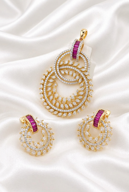 Elegant Ruby Red Baguette & CZ Diamond Circular Floral Pendant with Matching Earrings Set