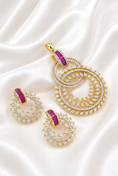 Elegant Ruby Red Baguette & CZ Diamond Circular Floral Pendant with Matching Earrings Set