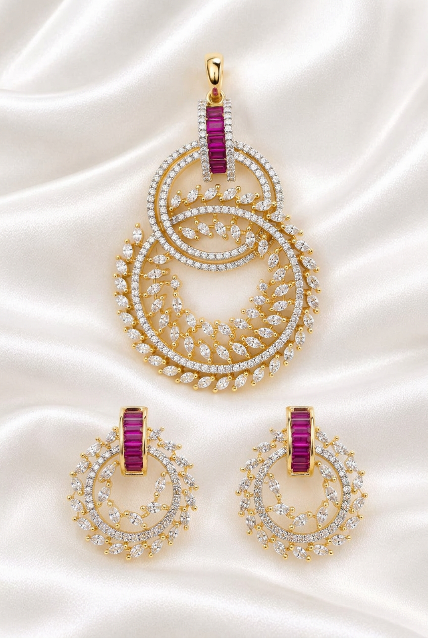 Elegant Ruby Red Baguette & CZ Diamond Circular Floral Pendant with Matching Earrings Set
