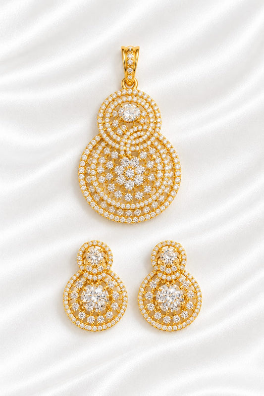 Radiant Gold Plated Double Circular CZ Diamond Pendant Set with Matching Earrings