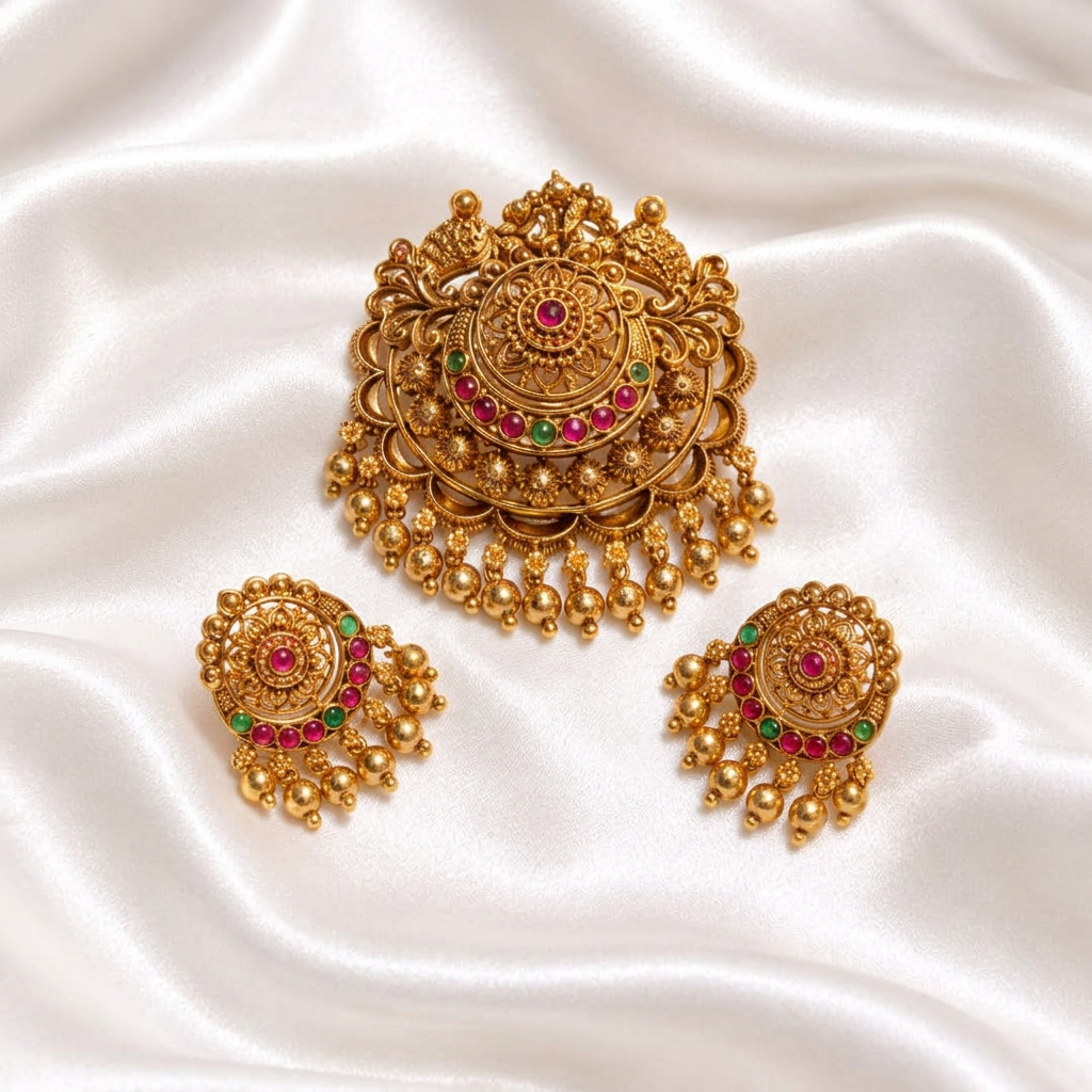 Traditional Antique Gold Plated Kemp Stone Floral Pendant Set with Matching Earrings