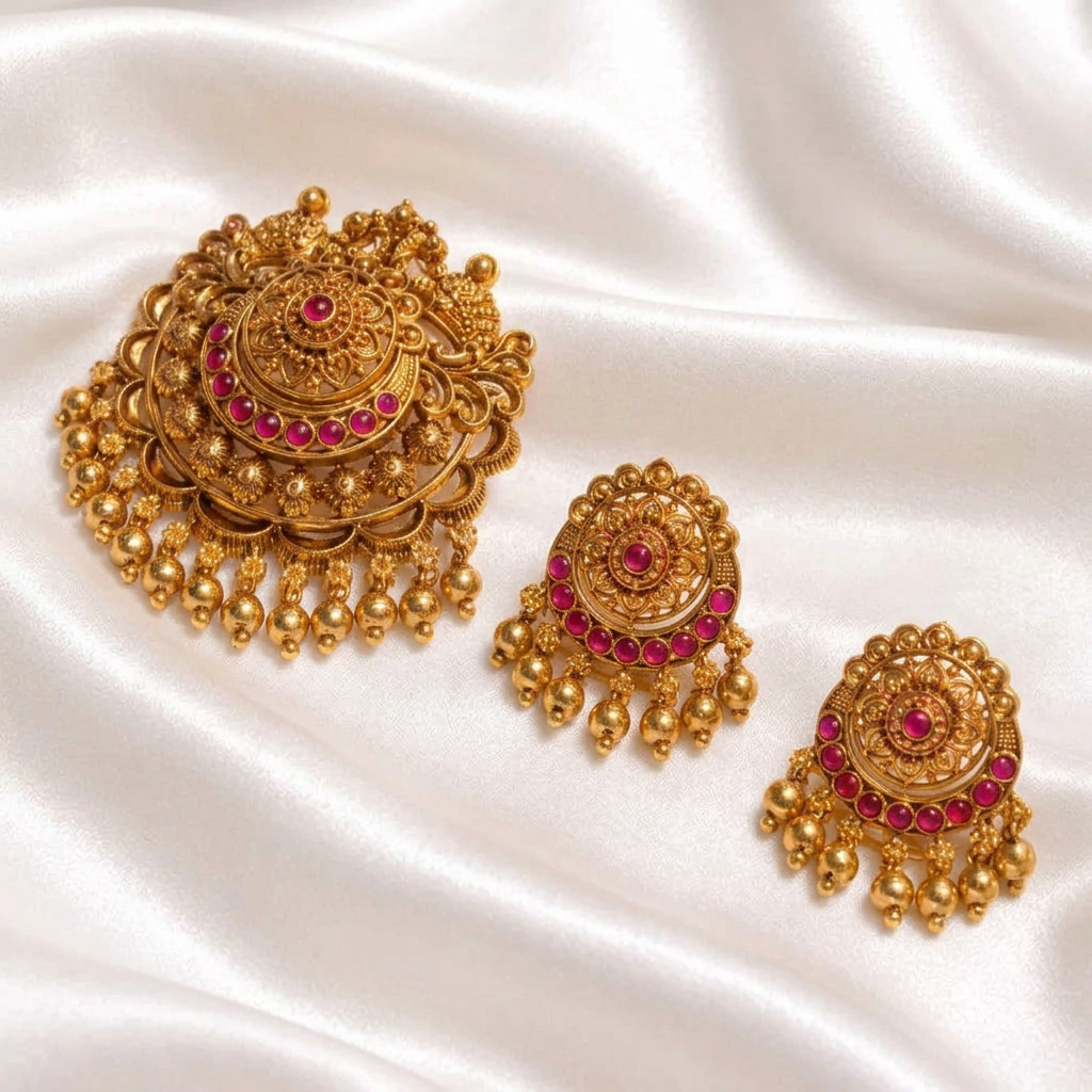 Traditional Antique Gold Plated Floral Kemp Stone Pendant Set with Matching Earrings
