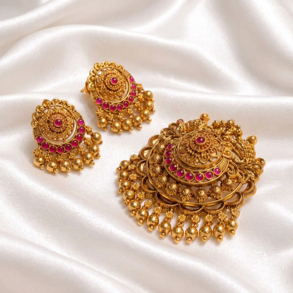 Traditional Antique Gold Plated Floral Kemp Stone Pendant Set with Matching Earrings