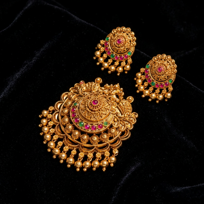 Traditional Antique Gold Plated Kemp Stone Floral Pendant Set with Matching Earrings