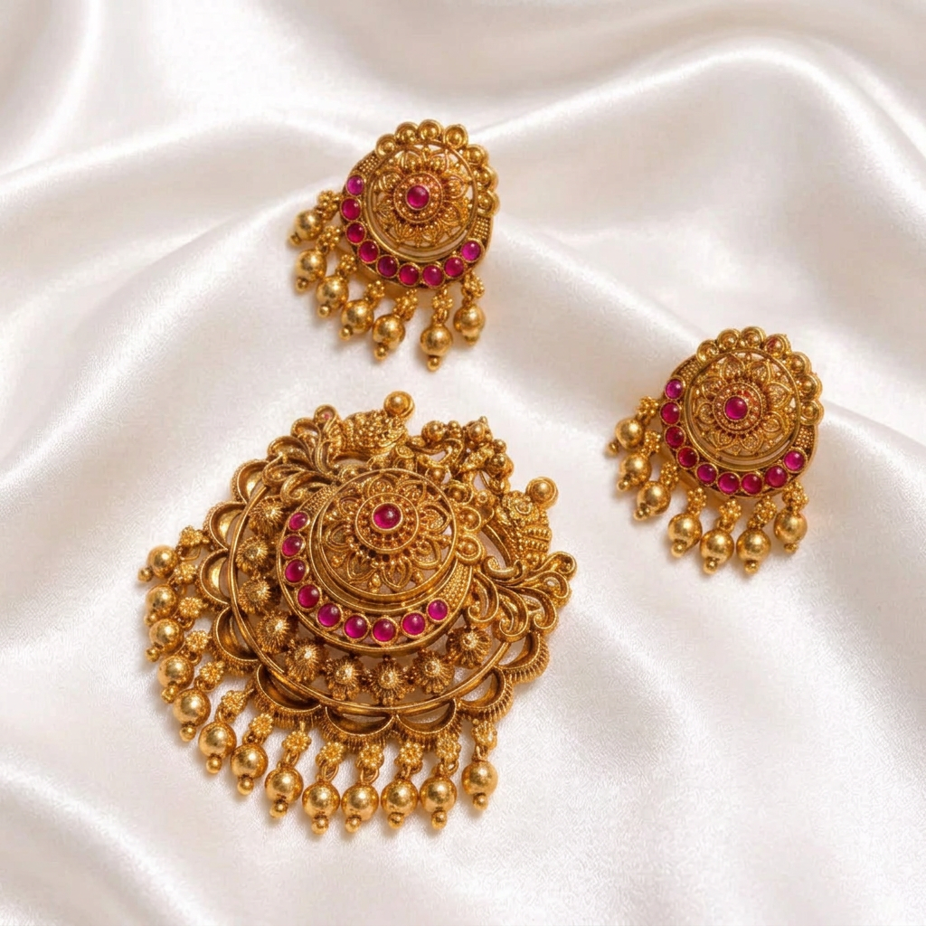 Traditional Antique Gold Plated Floral Kemp Stone Pendant Set with Matching Earrings