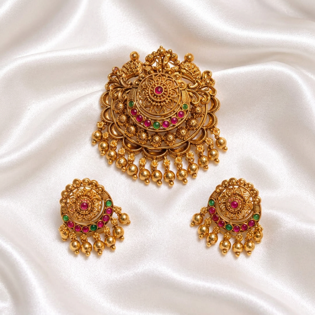 Traditional Antique Gold Plated Kemp Stone Floral Pendant Set with Matching Earrings