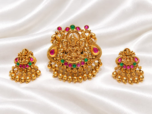 Antique Gold Goddess Lakshmi Pendant and Earrings Set | South Indian Temple Jewelry Set with Ruby & Emerald Stones | Ethnic Bridal Jewelry