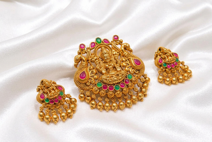Antique Gold Goddess Lakshmi Pendant and Earrings Set | South Indian Temple Jewelry Set with Ruby & Emerald Stones | Ethnic Bridal Jewelry