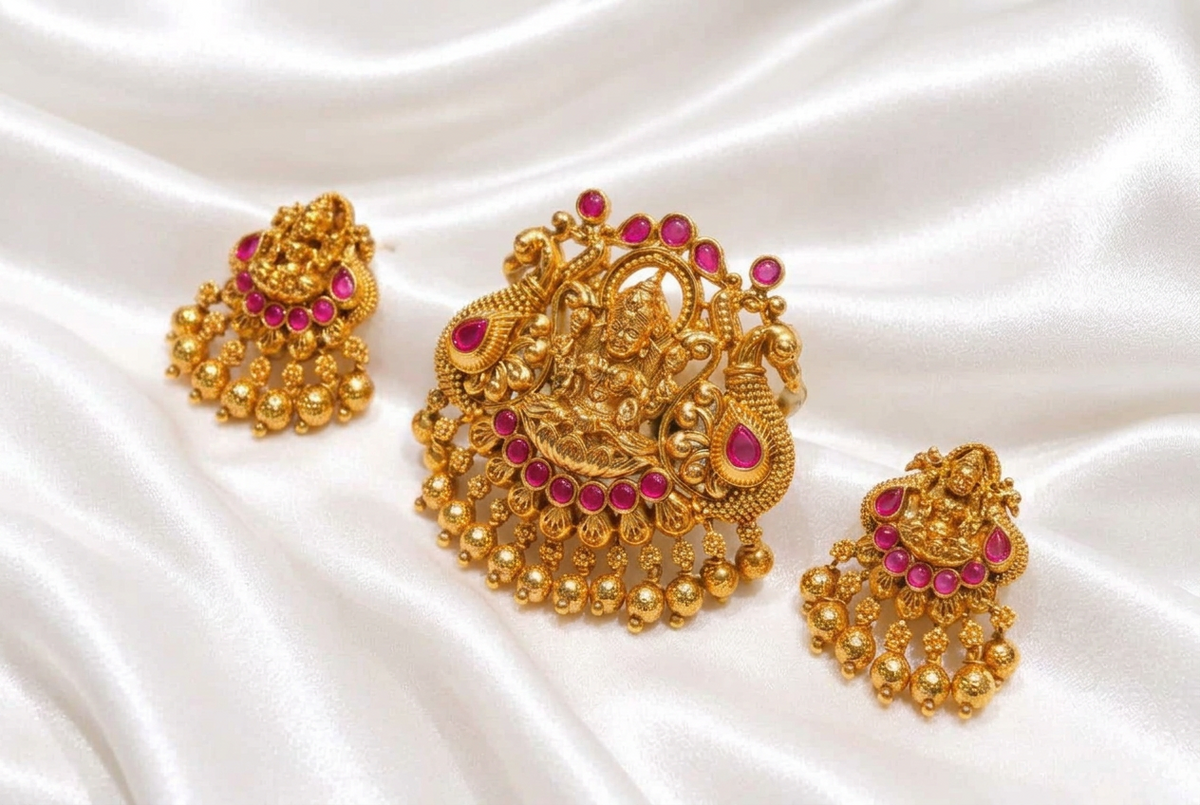 Antique Gold Lakshmi Pendant and Earrings Set with Pink Ruby Stones | Temple Jewelry Set | South Indian Ethnic Bridal Jewelry