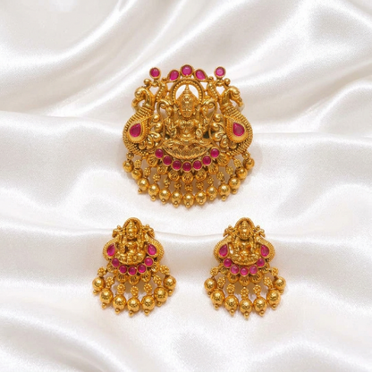 Antique Gold Lakshmi Pendant and Earrings Set with Pink Ruby Stones | Temple Jewelry Set | South Indian Ethnic Bridal Jewelry