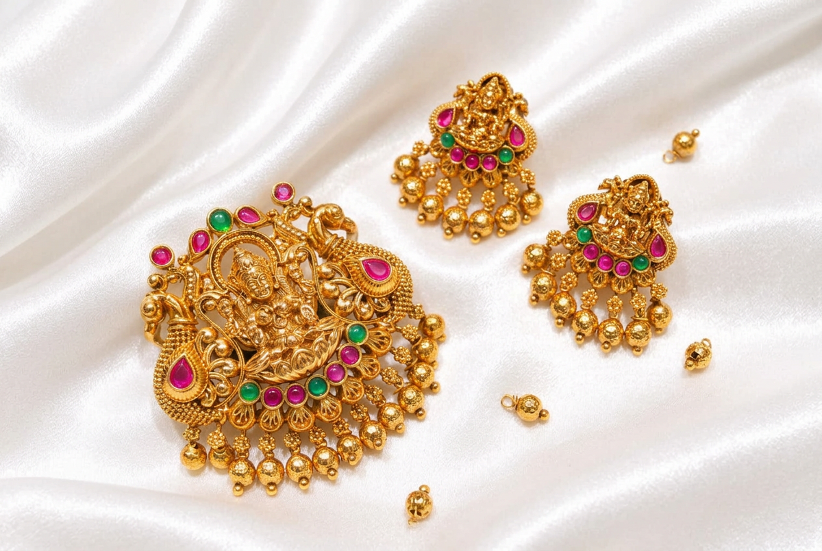 Antique Gold Goddess Lakshmi Pendant and Earrings Set | South Indian Temple Jewelry Set with Ruby & Emerald Stones | Ethnic Bridal Jewelry