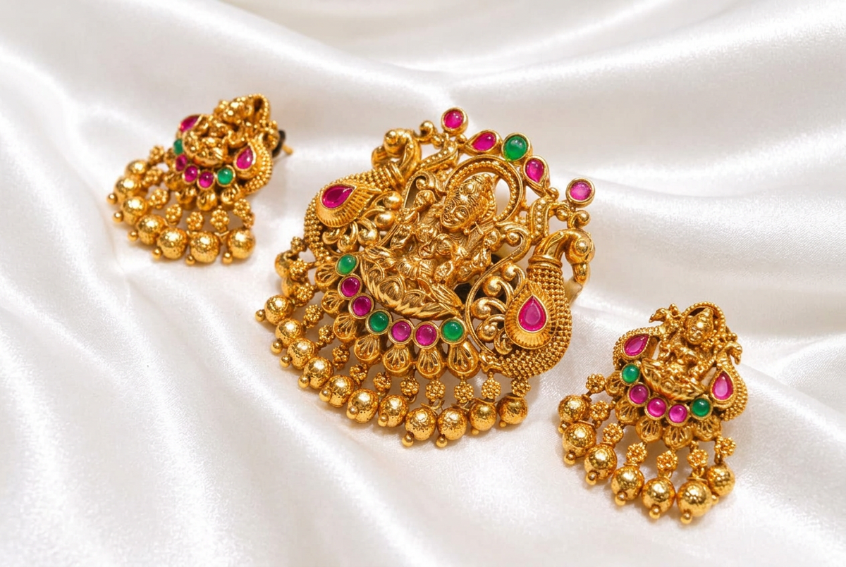 Antique Gold Goddess Lakshmi Pendant and Earrings Set | South Indian Temple Jewelry Set with Ruby & Emerald Stones | Ethnic Bridal Jewelry