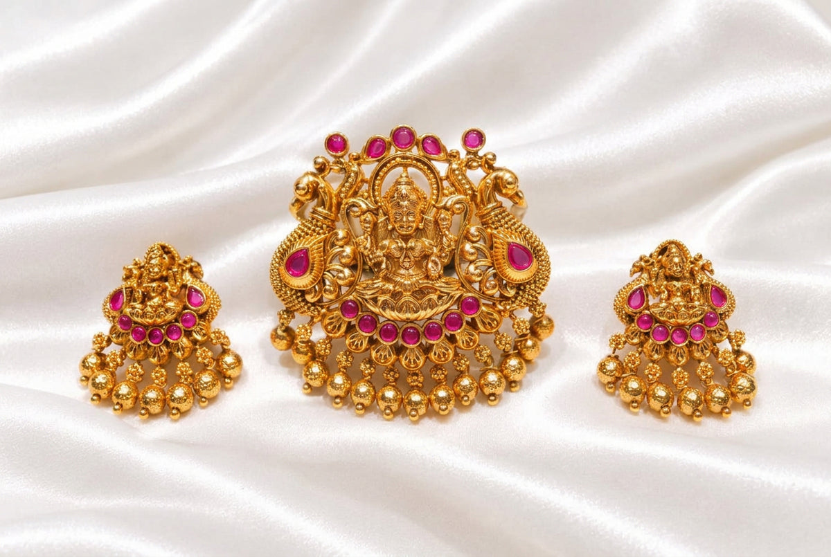 Antique Gold Lakshmi Pendant and Earrings Set with Pink Ruby Stones | Temple Jewelry Set | South Indian Ethnic Bridal Jewelry