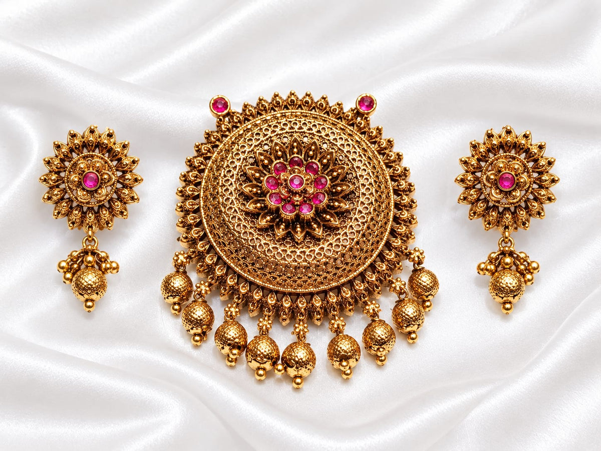 Antique Gold Plated Floral Circular Pendant Set with Ruby Pink & Emerald Green Kemp Stones