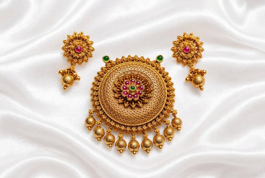 Antique Gold Plated Floral Circular Pendant Set with Ruby Pink & Emerald Green Kemp Stones