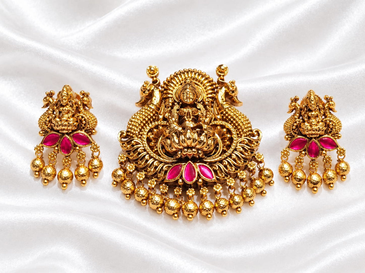 Antique Gold Plated Goddess Lakshmi Temple Pendant Set with Peacock Motifs & Ruby-Emerald Stones