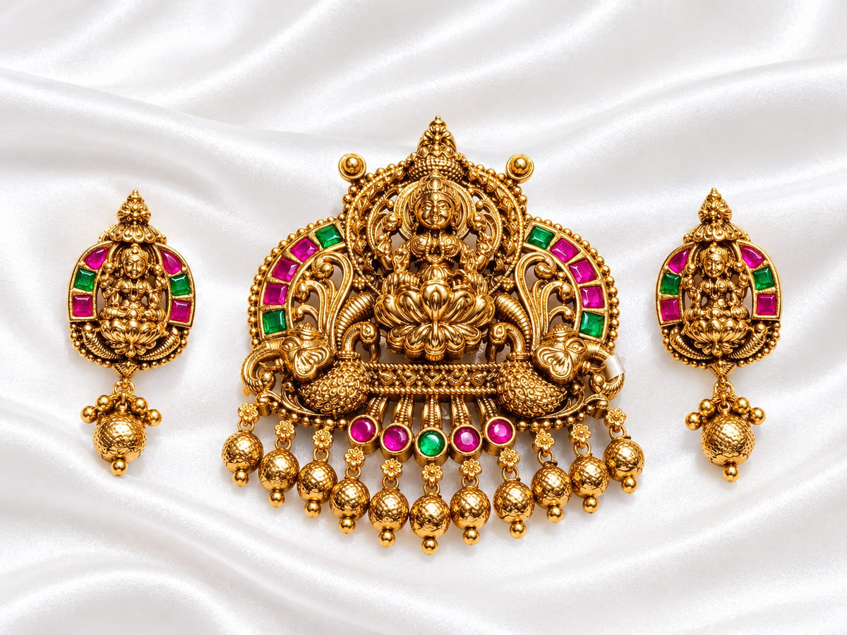 Antique Gold Plated Arch Temple Pendant Set with Goddess Lakshmi, Peacocks & Ruby-Emerald Stone