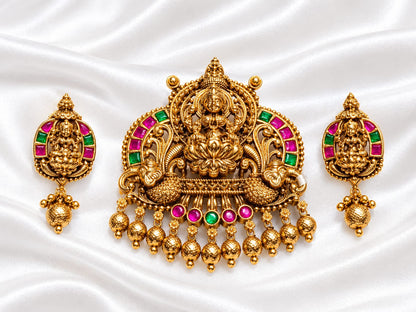 Antique Gold Plated Arch Temple Pendant Set with Goddess Lakshmi, Peacocks & Ruby-Emerald Stone