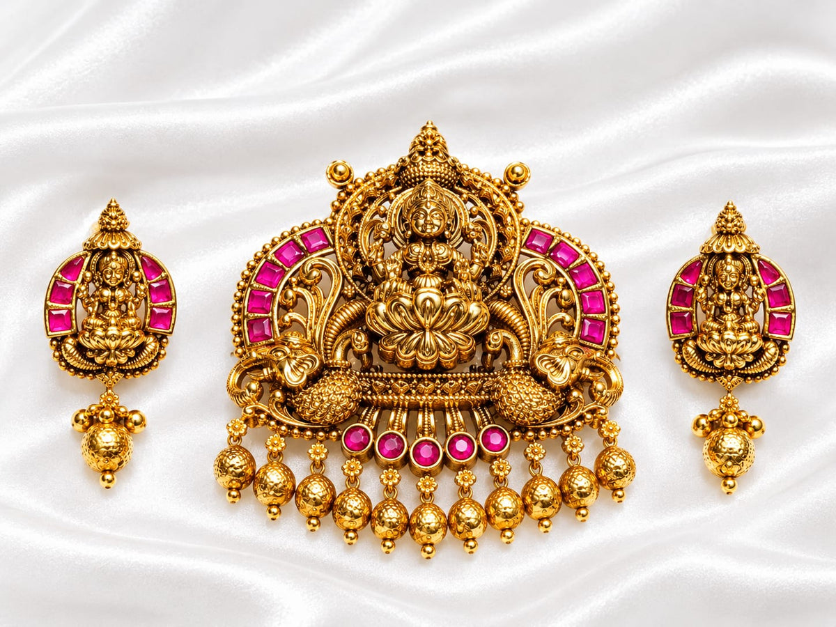 Antique Gold Plated Arch Temple Pendant Set with Goddess Lakshmi, Peacocks & Ruby-Emerald Stone