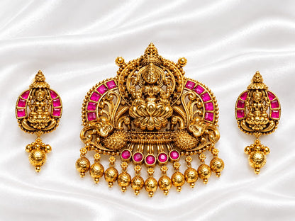 Antique Gold Plated Arch Temple Pendant Set with Goddess Lakshmi, Peacocks & Ruby-Emerald Stone