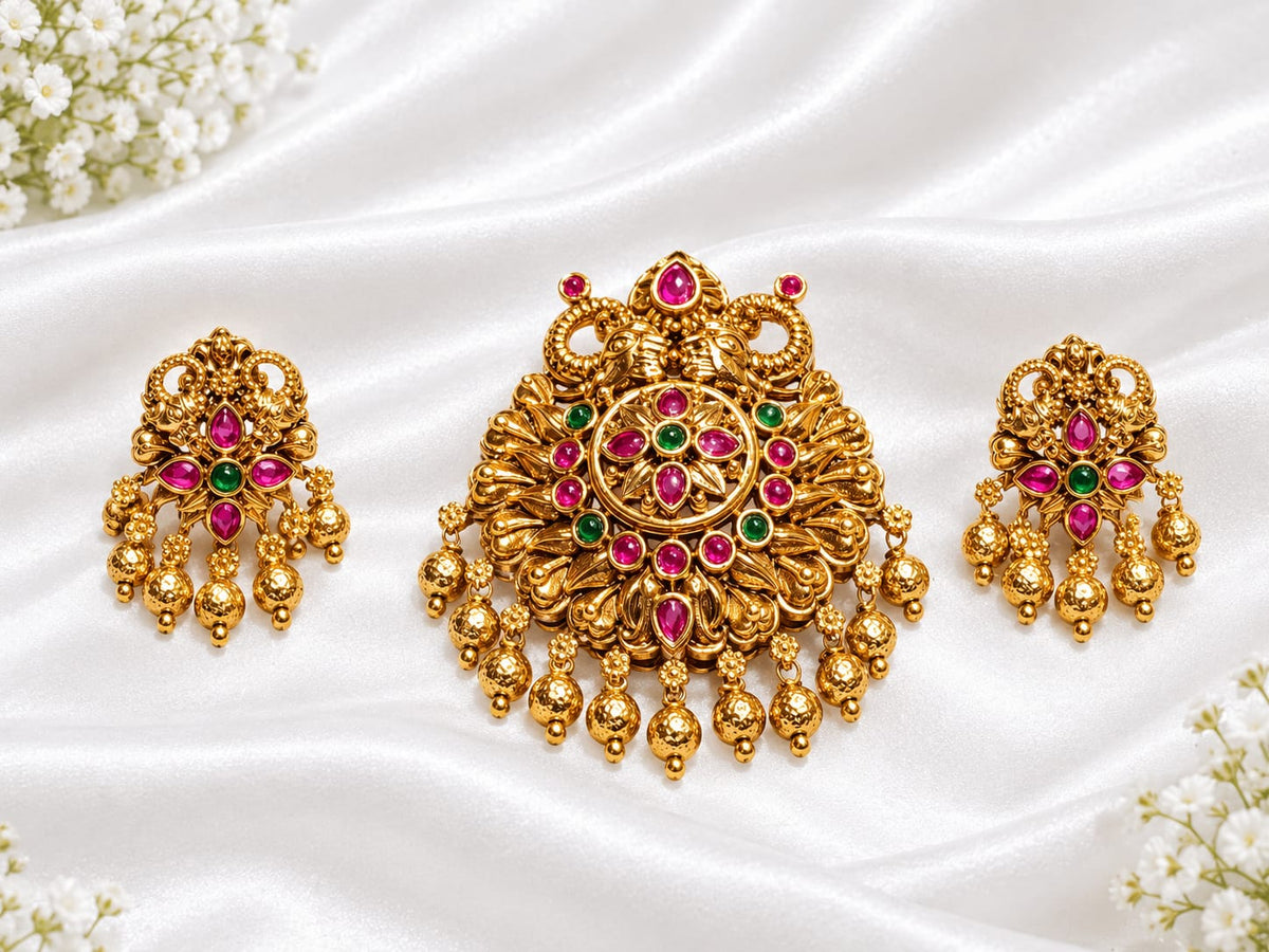 Antique Gold Plated Floral Peacock Temple Pendant Set with Ruby-Emerald Stones & Matching Earrings