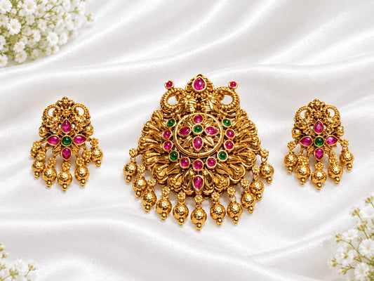 Antique Gold Plated Floral Peacock Temple Pendant Set with Ruby-Emerald Stones & Matching Earrings