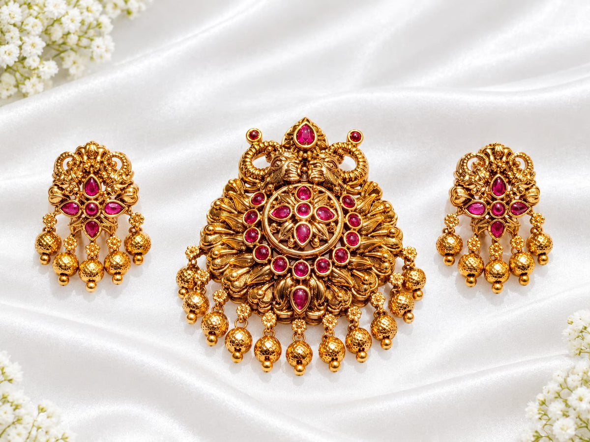Antique Gold Plated Floral Peacock Temple Pendant Set with Ruby-Emerald Stones & Matching Earrings