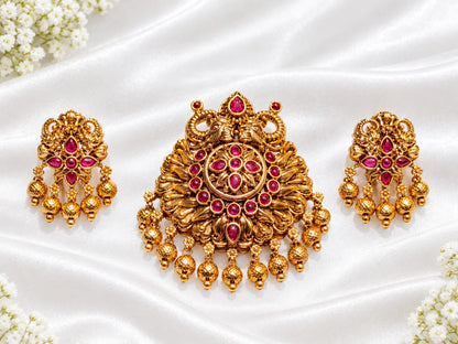 Antique Gold Plated Floral Peacock Temple Pendant Set with Ruby-Emerald Stones & Matching Earrings