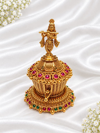 Antique Gold Plated Lord Krishna Figurine Kumkum / Sindoor Box with Ruby & Emerald Kemp Stones