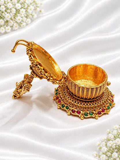 Antique Gold Plated Lord Krishna Figurine Kumkum / Sindoor Box with Ruby & Emerald Kemp Stones