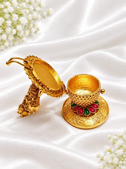 Antique Gold Plated Lord Krishna with Cow Kumkum / Sindoor Box with Ruby & Emerald Stones