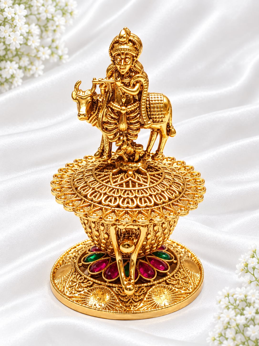 Antique Gold Plated Lord Krishna with Cow Kumkum / Sindoor Box with Ruby & Emerald Stones