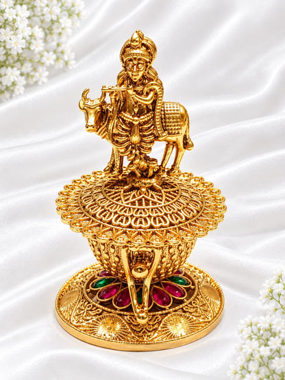 Antique Gold Plated Lord Krishna with Cow Kumkum / Sindoor Box with Ruby & Emerald Stones