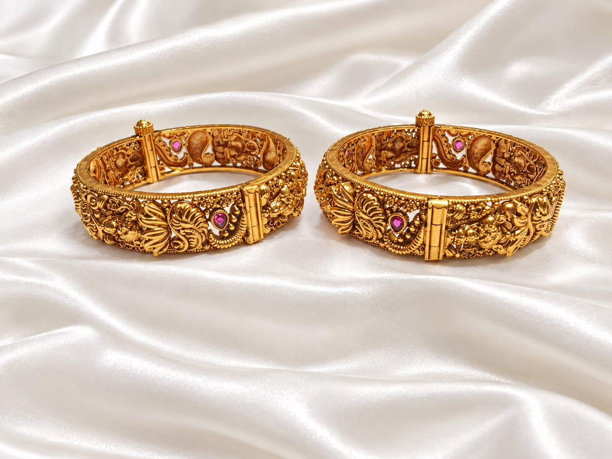 Traditional Antique Gold Plated Peacock & Floral Screw Openable Kada Bangles Set (Pair)