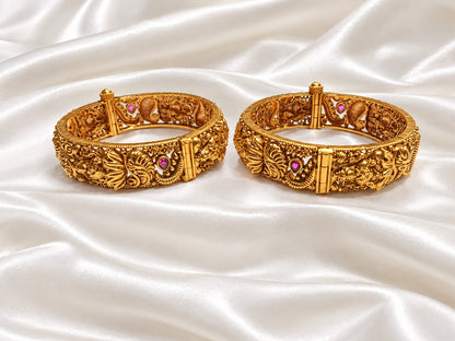 Traditional Antique Gold Plated Peacock & Floral Screw Openable Kada Bangles Set (Pair)