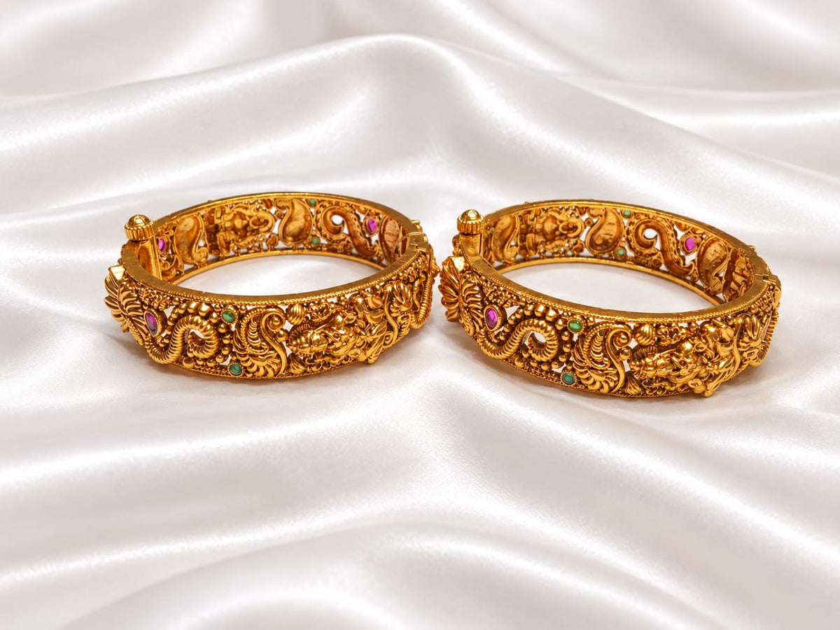 Traditional Antique Gold Plated Peacock & Floral Screw Openable Kada Bangles Set (Pair)