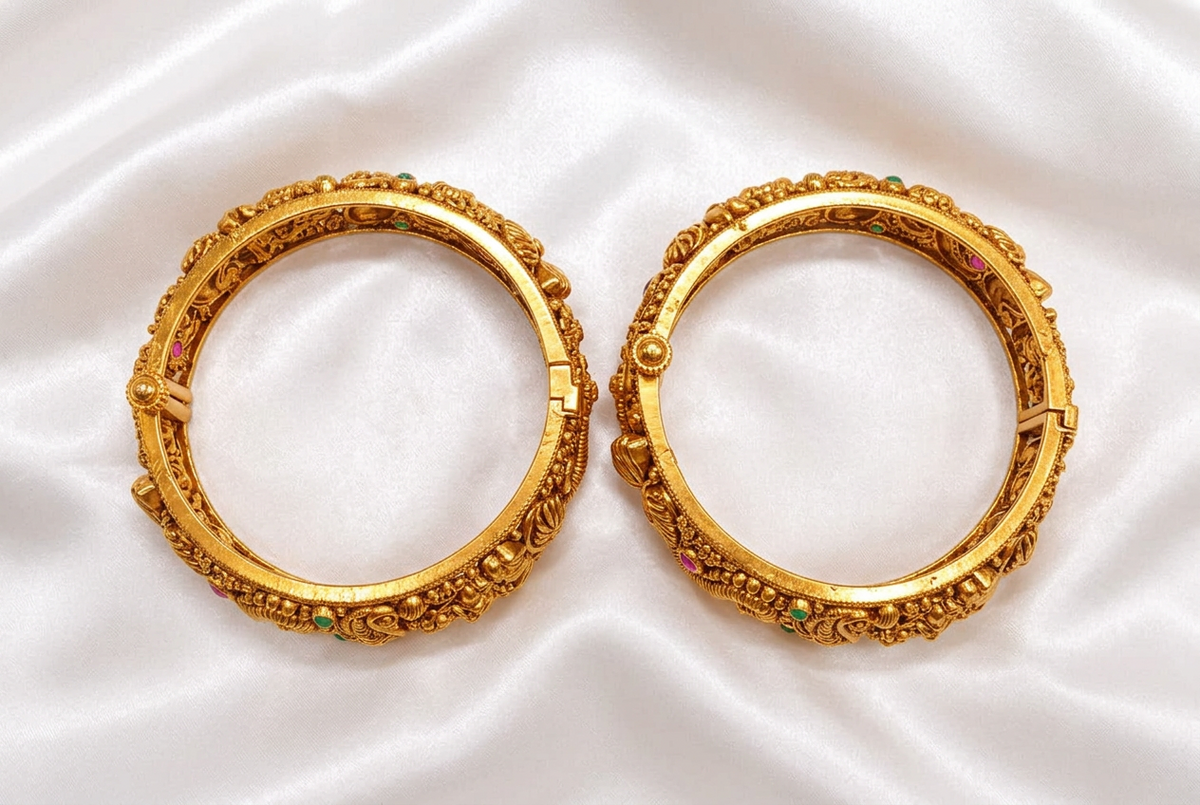 Traditional Antique Gold Plated Peacock & Floral Screw Openable Kada Bangles Set (Pair)