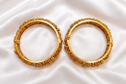 Traditional Antique Gold Plated Peacock & Floral Screw Openable Kada Bangles Set (Pair)