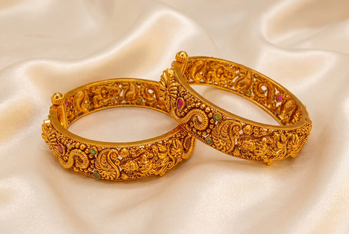 Traditional Antique Gold Plated Peacock & Floral Screw Openable Kada Bangles Set (Pair)