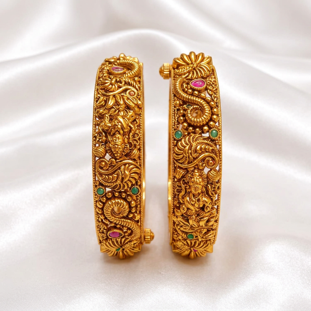 Traditional Antique Gold Plated Peacock & Floral Screw Openable Kada Bangles Set (Pair)