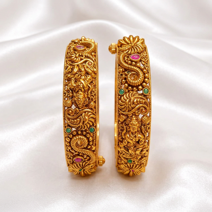Traditional Antique Gold Plated Peacock & Floral Screw Openable Kada Bangles Set (Pair)