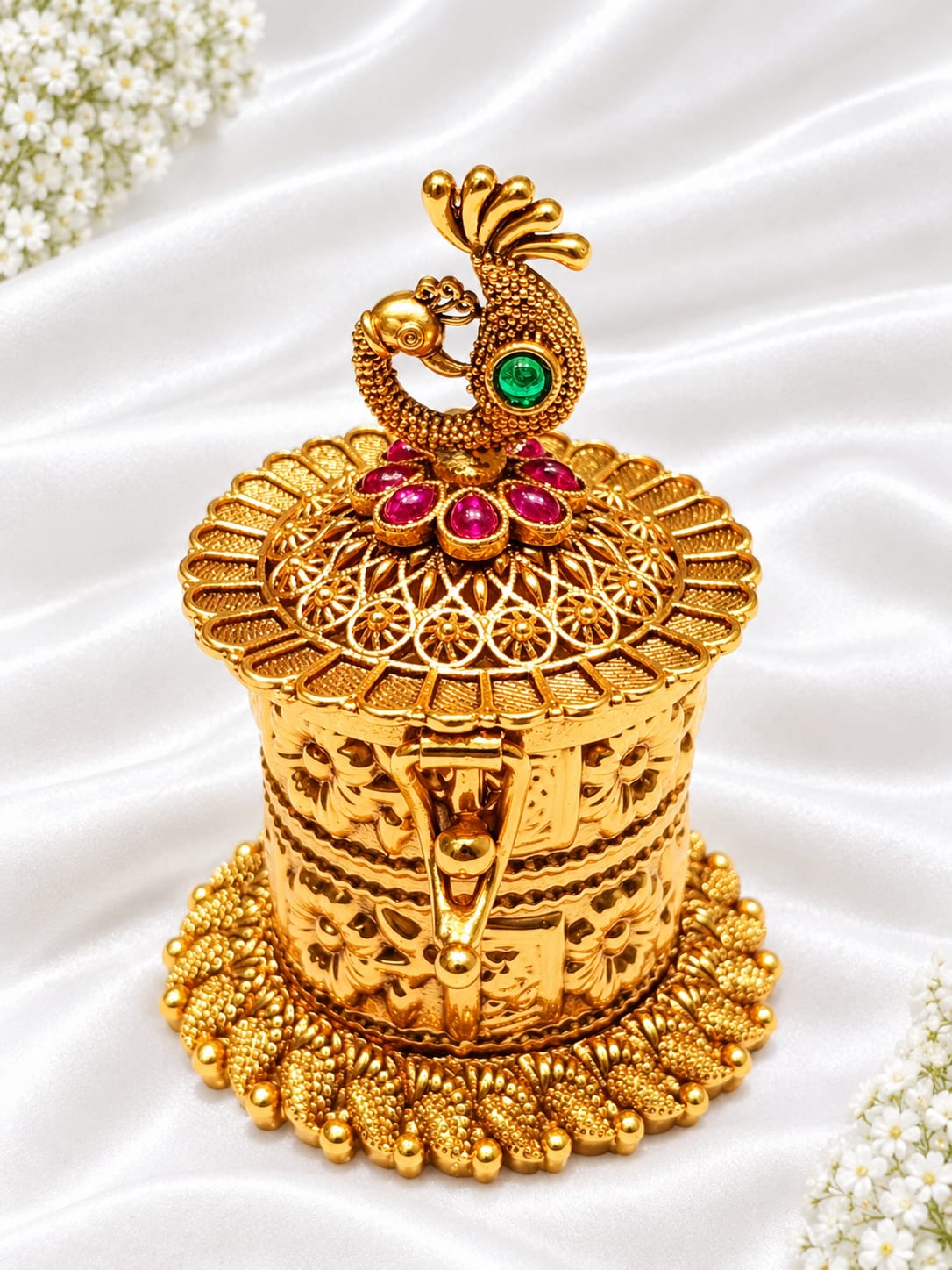 Antique Gold Plated Peacock Motif Kumkum / Sindoor Box with Ruby & Emerald Kemp Stones