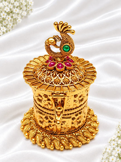 Antique Gold Plated Peacock Motif Kumkum / Sindoor Box with Ruby & Emerald Kemp Stones